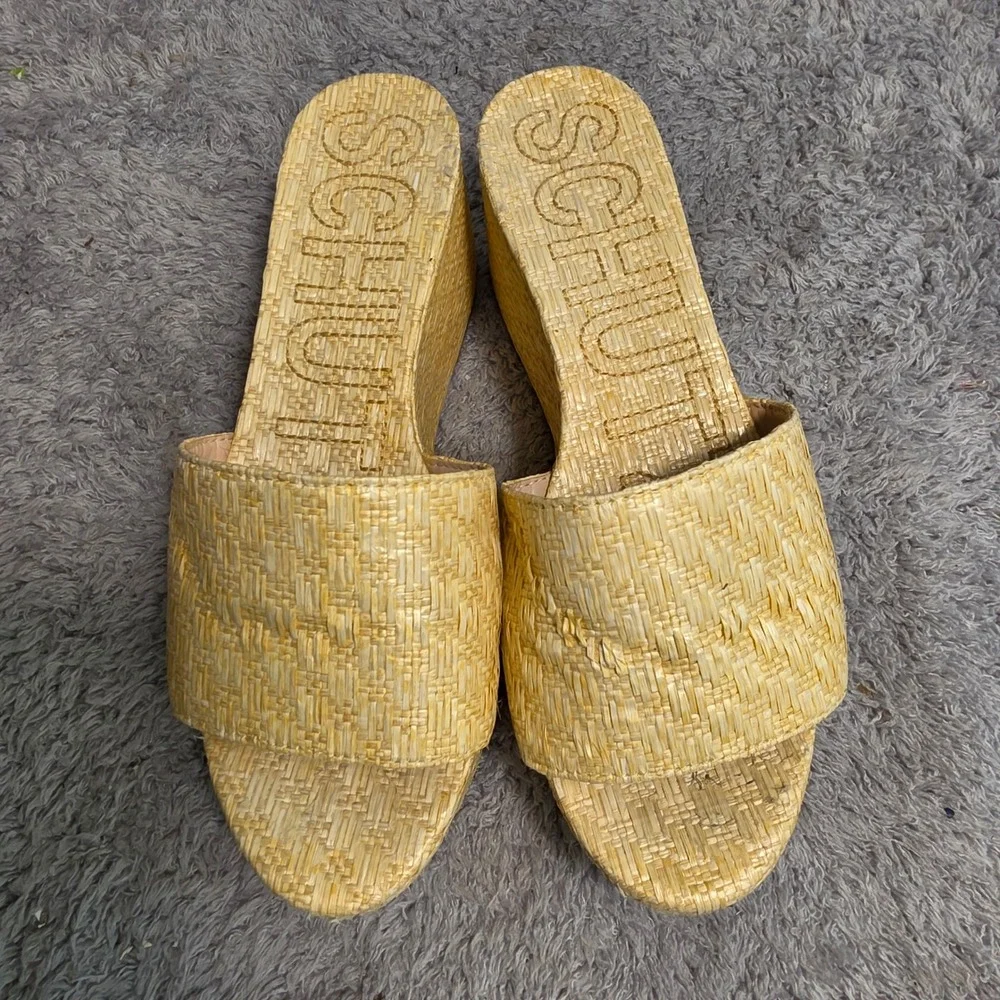 Schutz Wedge‎ Platform Sandals Slides Tan Raffia Woven Slide Womens 6.5B